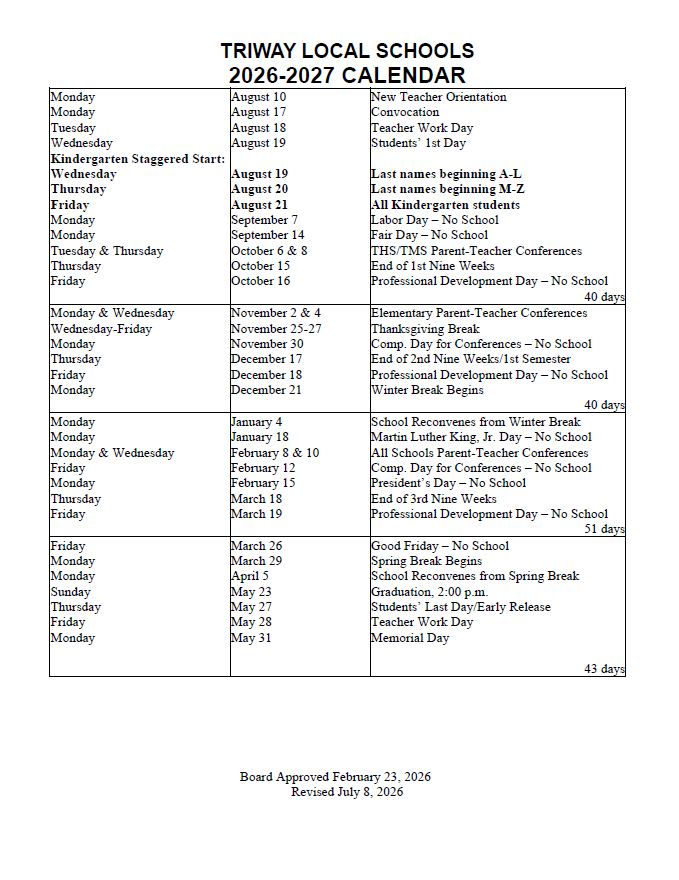 2026-2027 District Calendar - List Format Rev. 7-8-26